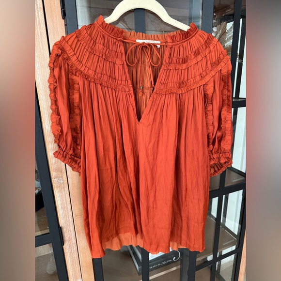 Ulla Johnson Aimee top blouse ruffle short sleeve clay rust satin tie front - Picture 2 of 12